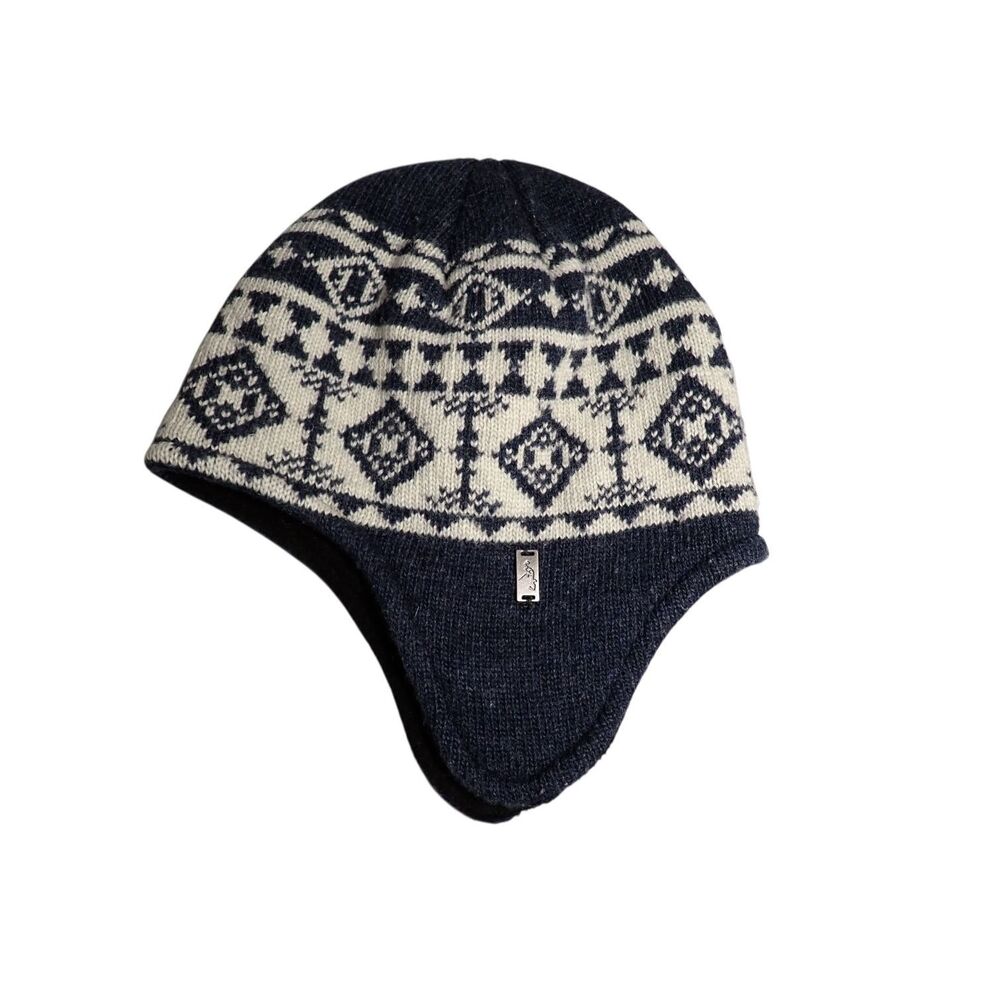 Eastern Mountain Sports EMS Earflap Hat Wool Navy White Fair Isle Fleece Lined